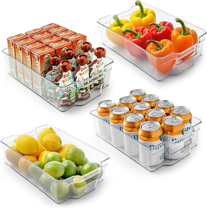 Zulay Kitchen 4 Pack Clear Refrigerator Organizer Bins - Large Fridge Organizers and Storage Containers - Transparent, BPA Free, Durable, Shatterproof