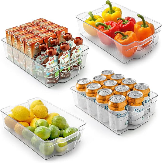 Zulay Kitchen 4 Pack Clear Refrigerator Organizer Bins - Large Fridge Organizers and Storage Containers - Transparent, BPA Free, Durable, Shatterproof