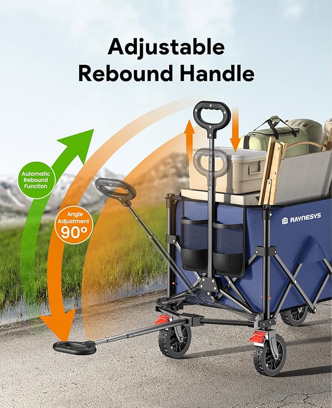 Wagon Carts Foldable, 180L Collapsible Foldable Wagon with 330lbs Weight Capacity, Heavy Duty Utility Cart with Drink Holders and Brakes for Beach Camping Shopping Sports Wheelbarrows, Blue