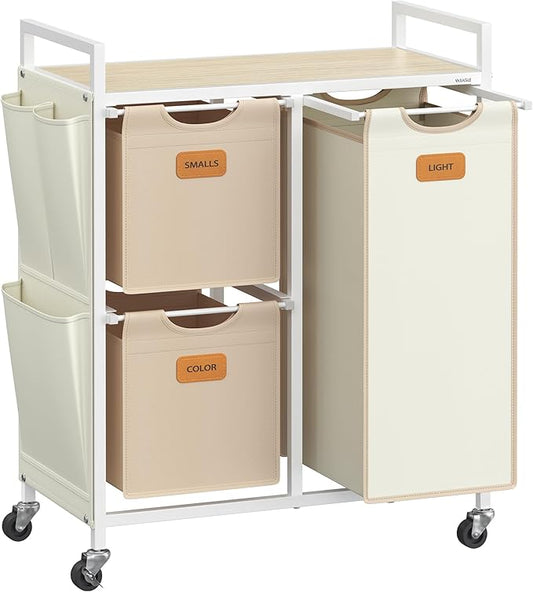VASAGLE Laundry Hamper with 3 Compartments, 26.4 Gal. (100 L) Laundry Sorter, Rolling Laundry Cart with Shelves, Small Side Pockets, 6 Labels, Natural Beige, Camel Brown and Cream White UBLH202N01