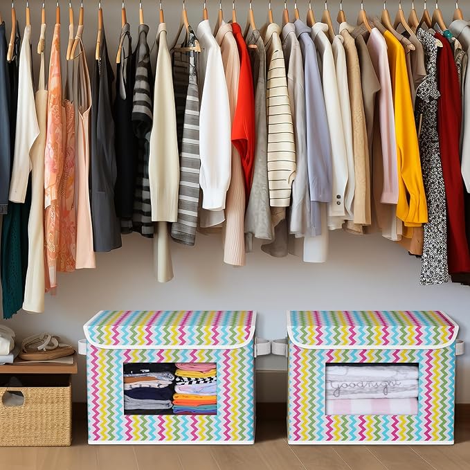 Univivi Fabric Foldable Storage Boxes [4-Pack] Large Collapsible Stackable Storage Bins with Lids, Closet Organizers and Storage Cube Basket for Home, Office, Bedroom (Colorful, 17”x 12” x 12”)