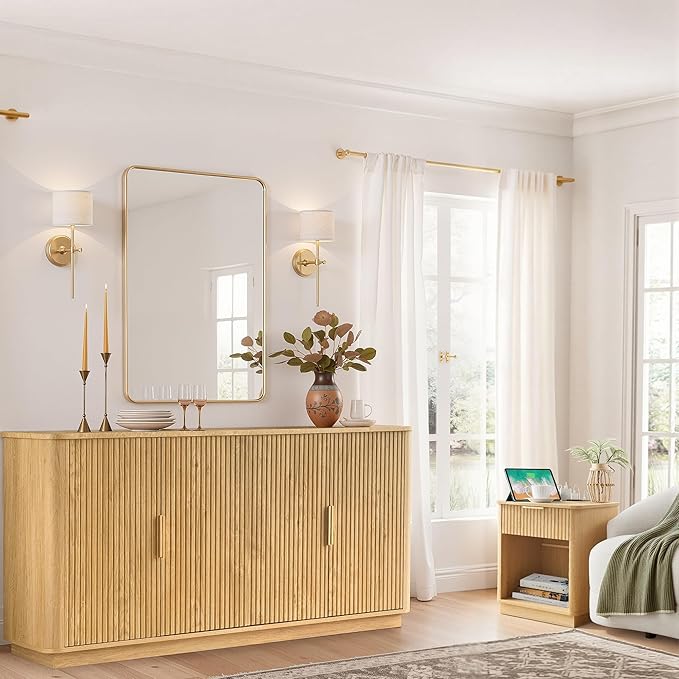 win2win 63" Fluted Sideboard Buffet Cabinet with Storage, Modern Credenza with Faux Marble Top, Curved Corners, Wood Boho Media TV Console Accent Cabinet for Living Room Kitchen Hallway, Oak