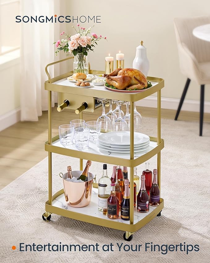 SONGMICS HOME Bar Cart, Home Bar Serving Cart with 3-Tier Shelf, Flexible Wine Bottle Rack and Glass Holder, Drink Beverage Cart, Microwave Cart, Kitchen, Marble White and Pale Gold ULRC291A02
