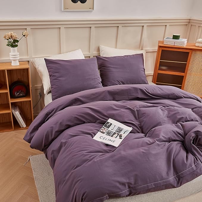 ECOCOTT Duvet Cover Set, 100% Washed Cotton Linen-Like Textured Soft & Breathable, Durable Comfy Bedding Set for All Seasons Oversized Queen Size, Lilac Purple