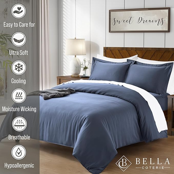 Bella Coterie Luxury Bamboo Viscose Queen Size Duvet Cover Set | 100% Organically Grown | Corner Ties | Ultra Soft | Cooling | Two Pillow Shams | 90 x 94 | No Insert [Slate Blue]