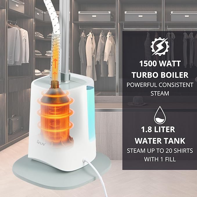 SALAV Standing Garment Steamer with Smart Auto-Off, Adjustable XL Comfort Board, 6 Steam Setting LED Display for Various Fabrics, Perfect for Families (Gray, Complete)