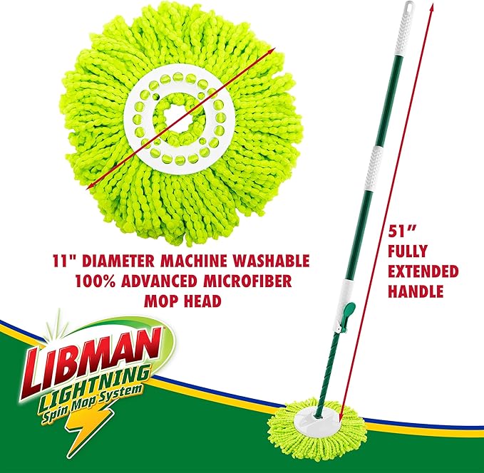 Libman Lightning Spin Mop System Plus 3 Refill Head | Mop and Bucket with Wringer Set | Floor Mop | Spin Mop | Libman Mop | Mops for Floor Cleaning | Hardwood Floor Mop | 4 Total Mop Heads Included