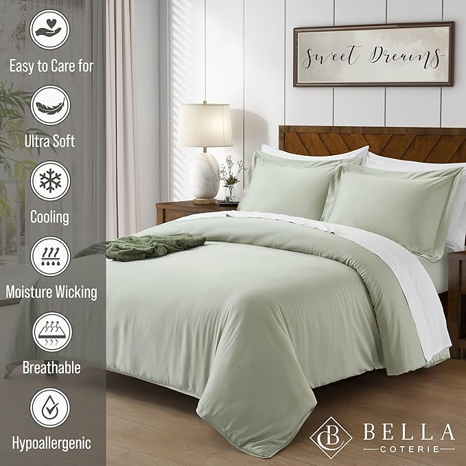 Bella Coterie Luxury Bamboo Viscose California King Size Duvet Cover Set | 100% Organically Grown | Corner Ties | Ultra Soft | Cooling | Two Pillow Shams | 106 x 94 | No Insert [Sea Glass]