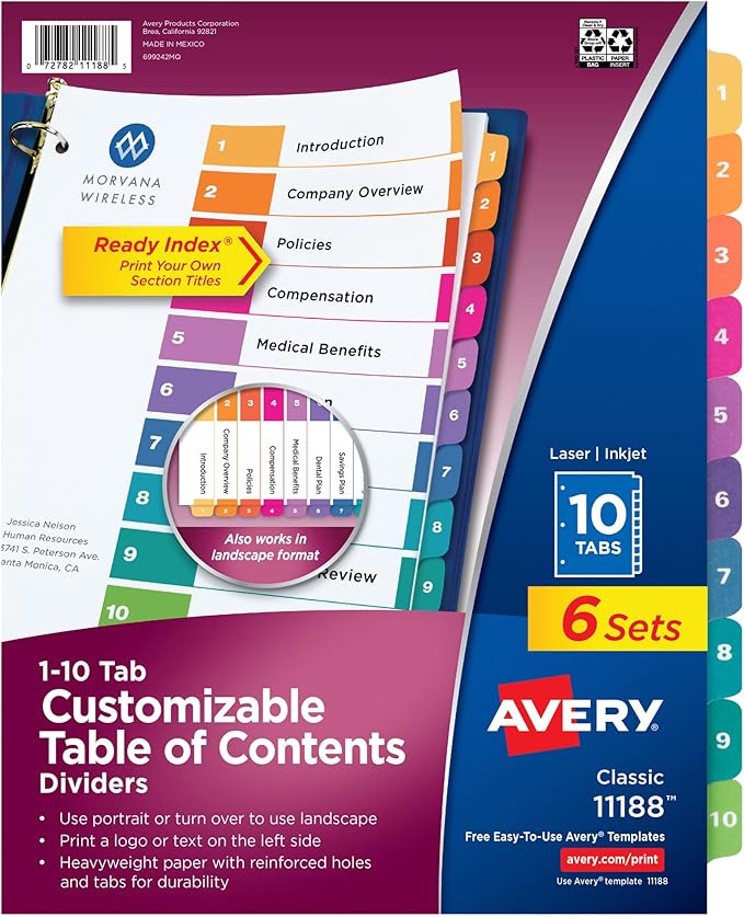 Avery 10 Tab Dividers for 3 Ring Binders, Customizable Table of Contents, Multicolor Tabs, 6 Sets (11188)