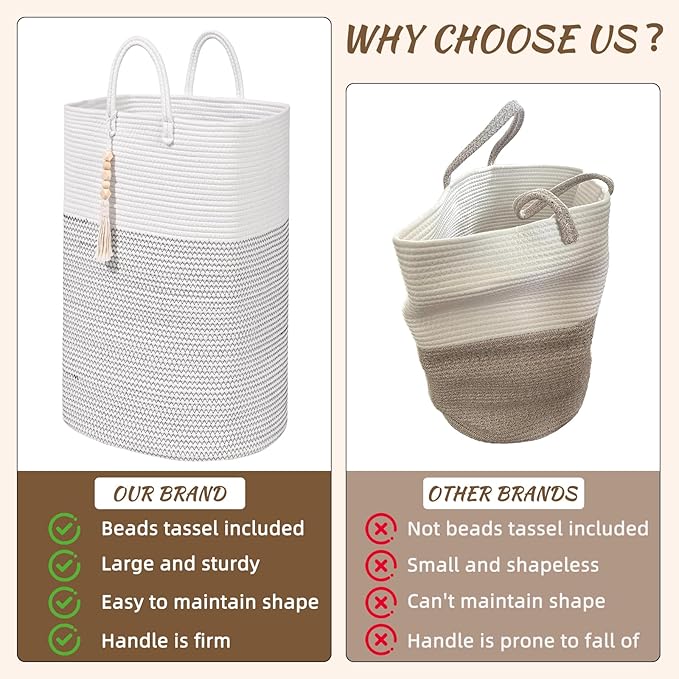 Woven Laundry Basket for Clothes, 50 L Large Rectangle Laundry Hampers with Beads Tassel, Nursery Storage Basket for Toys, Tall Dirty Clothes Hamper for Bedroom Aesthetic, Laundry Room Organization