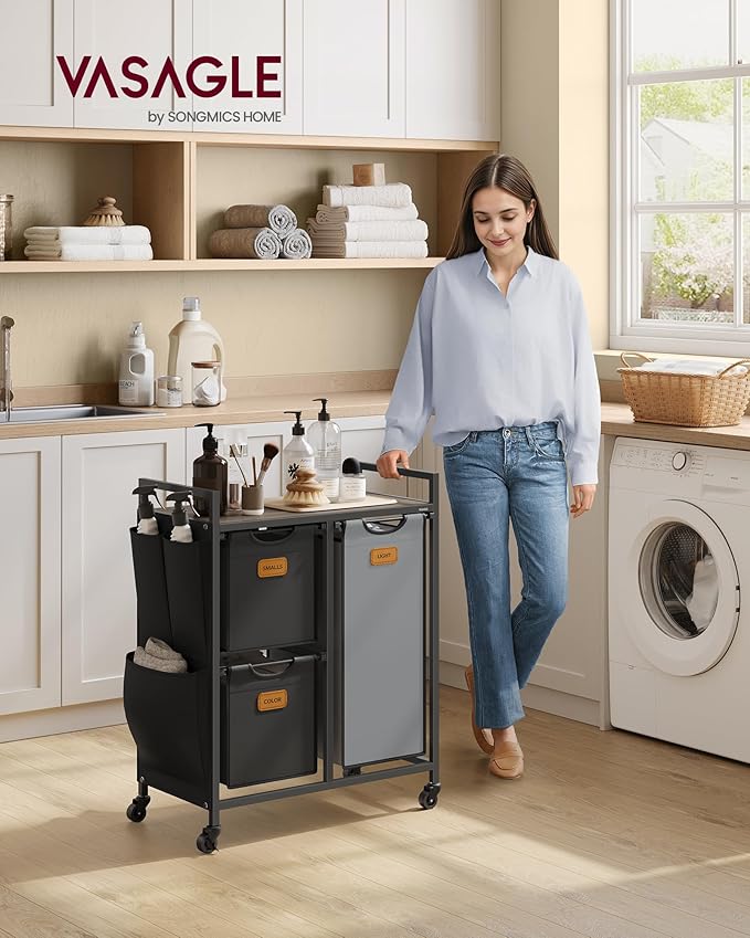 VASAGLE Laundry Hamper with 3 Compartments, 26.4 Gal. (100 L) Laundry Sorter, Rolling Laundry Cart with Shelves, Small Side Pockets, 6 Labels, Chestnut Brown, Ink Black and Dove Gray UBLH202B01