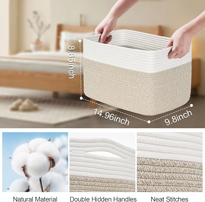 Woven Storage Baskets, Baskets for Organizing, 3 Pack Woven Basket for Storage, Decorative Storage Bins Baskets for Shelves, Towel, Toy, Book, Closet, Baby 14.96"×9.8"×8.85"