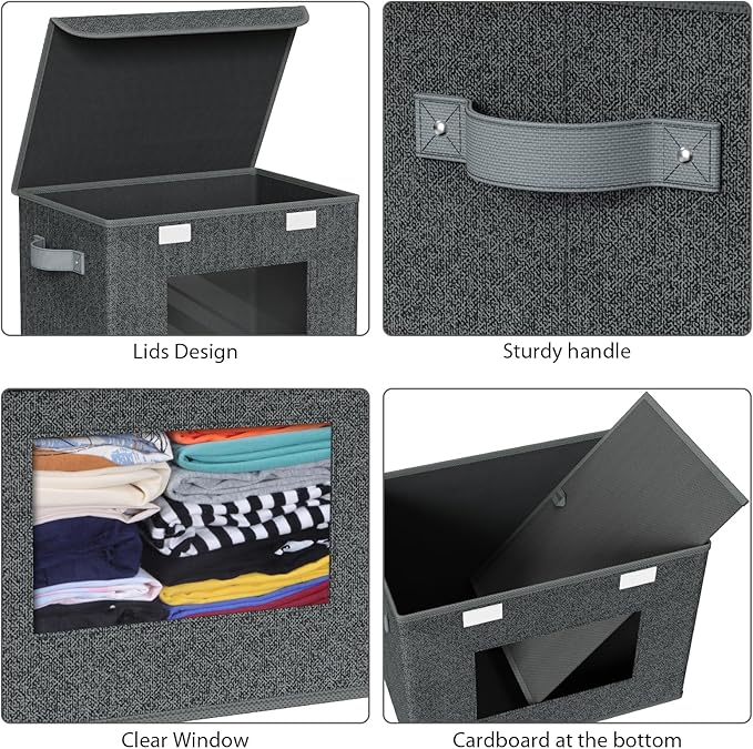 Univivi Fabric Foldable Storage Boxes with Lids [4-Pack] Large Stackable Storage Bins, Closet Organizers and Storage Cube Storage Organizer for Home, Office, Bedroom (Black, 17“ x 12” x 12")