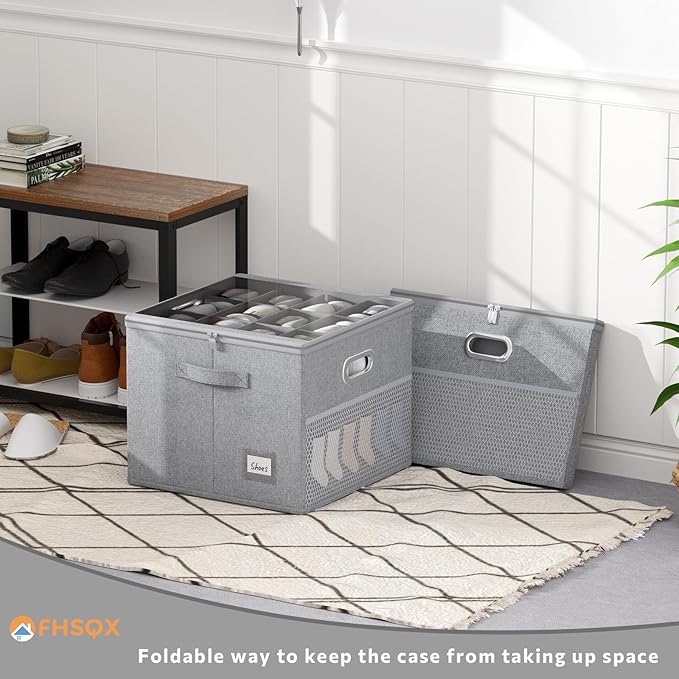 FHSQX Shoe Organizer for Closet,Fits 12 Pair,Shoe Storage Bins with Clear Cover & Adjustable Dividers for Shoes,Shoe Box Storage for Handbags,Blankets,Linen,Clothing (Grey, (16.5 * 16.5 * 13) x1)