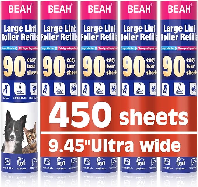 BEAH Lint Roller Refills (5 Packs 450 Sheets) Lint Rollers for Pet Hair Extra Sticky Refills,9.45 Inch Pet Hair Remover,Lint Roller Cleaning for Clothes,Furniture and Carpet,Easy to Tear