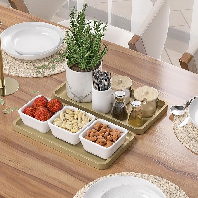 Weenson Gold Bathroom Vanity Tray for Countertop Jewelry Makeup Perfume Candles Decor, Bamboo Kitchen Tray for Soap Dispenser Spice Salt, Gold Tray for Toilet Tank Coffee Nightstand Set of 2