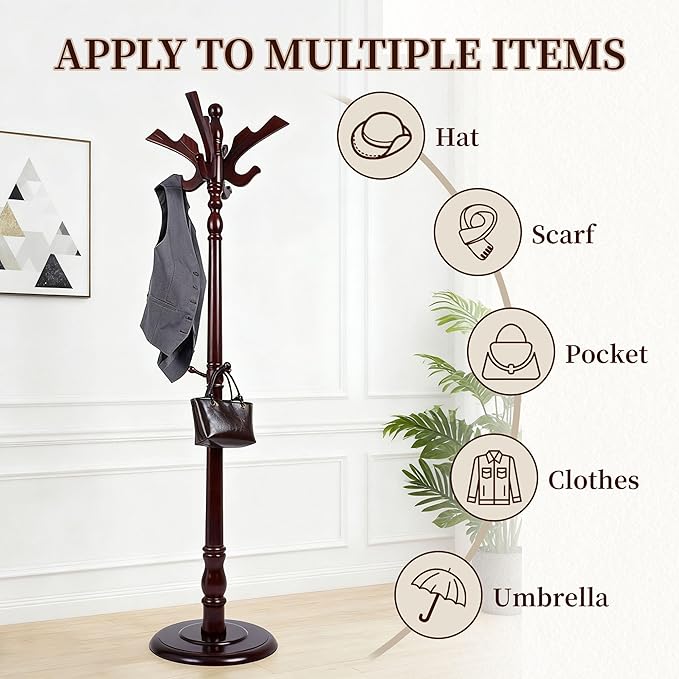 Wooden Coat Rack Free standing, Vintage Coat Rack Stand for Entryway, Adjustable Height 73", Heavy Duty Coat Tree with Solid Round Base for Home Bedroom, Office (Hummingbird)