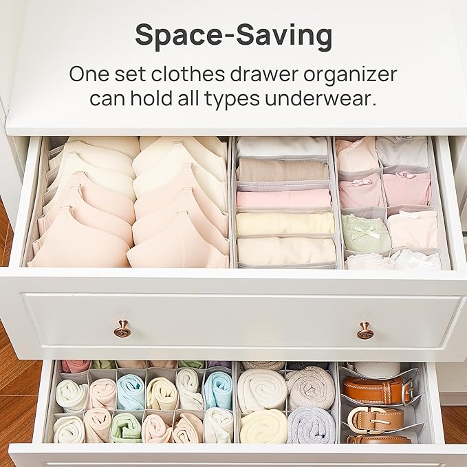 Vtopmart 4 Pack Underwear Drawer Organizers Set, 6+7+8+24 Cells Clothes Drawer Dividers Dresser Organizers Bins for Socks, Bras, Scarves, Ties, Non-Woven Fabric Storage Boxes for Closet, Nursery
