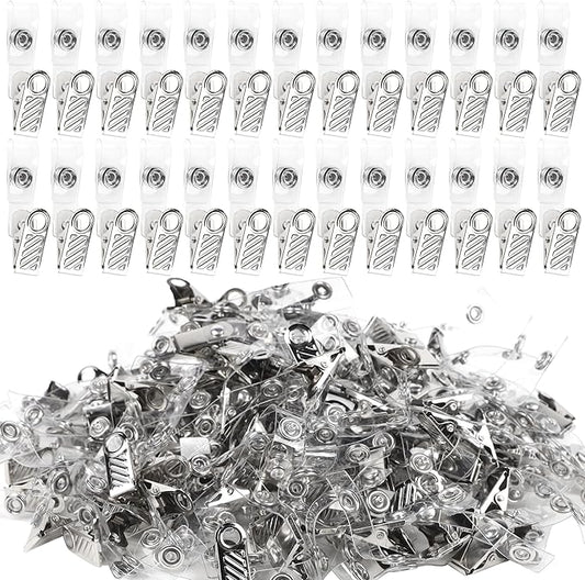 Happy Trees 200 Pcs Metal Badge Clips with Clear PVC Straps, ID Holder Clip for Badge Holders, Name Tags, ID Cards, Work Badges