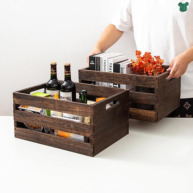 Wooden Crates With Handles ,2 Pack Vintage Brown Assemble Wooden Boxes 16.5 X 12 X 8.3'' ,Solid Wood Crate For Storage Books,Milk,Toys,Clothes, Wine, Fruits,Wood Crates Box For Display
