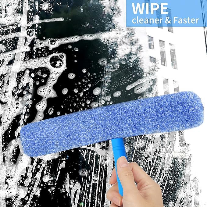 Squeegee with Shelf Storage for Window Cleaning,Window Cleaning Squeegee kit with Bucket&Microfiber Scrubber,Bathroom,Shower Doors,Mirrors,Tiles,and Car Windows Blue