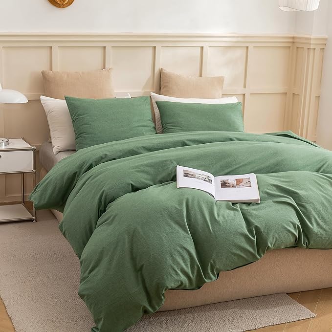 ECOCOTT Sage Green Duvet Cover Full Size, 100% Washed Cotton 3-Piece Bedding Set - Ultra Soft, Breathable & Easy Care with Zipper Closure and 2 Pillowcases (No Comforter)