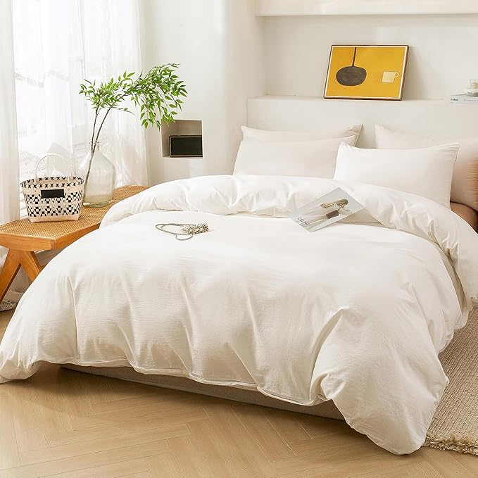 ECOCOTT 100% Washed Cotton Duvet Cover Oversized King Size – Soft & Breathable Linen Feel Bedding Set, 3 Pieces White Comforter Cover with Zipper Closure for All Seasons