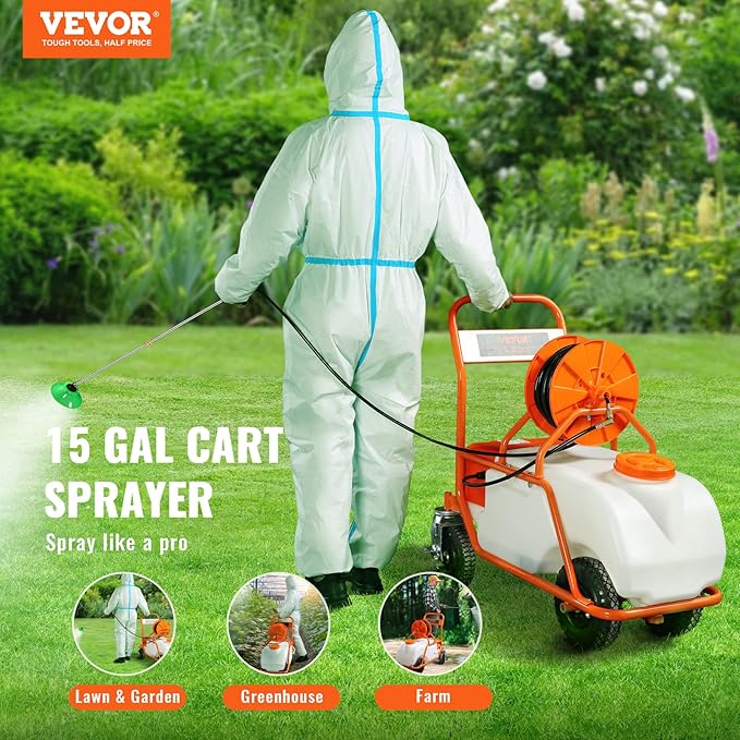 VEVOR Battery Powered 15 Gallon Garden Weed Sprayer with Wheeled Cart, 126FT Hose with Reel, 8 Nozzles, 2 Wands with Lock Trigger, 0-90PSI, 5-6h Spray Time, Wide Mouth Lid, Rotating Wheels with Brake