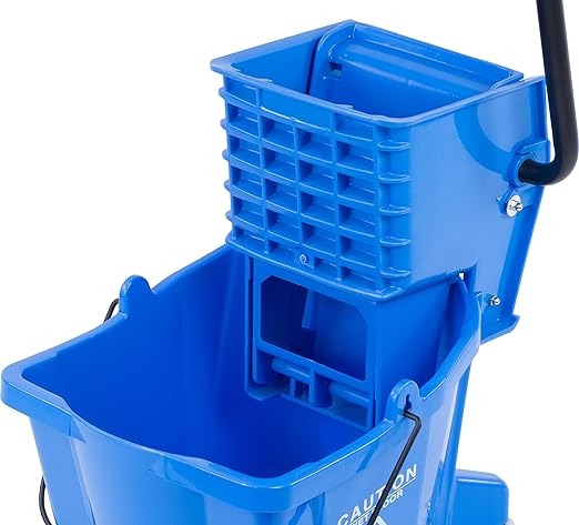 Carlisle FoodService Products 26-Quart Commercial Mop Bucket with Side-Press Wringer, Precision-Molded Polypropylene, Durable Wringer, Bucket with Non-Marking Casters, 18.5 x 16.5 x 23 Inches, Blue