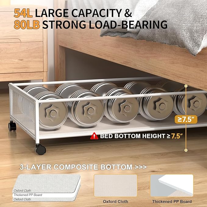 Under Bed Storage with Wheels, XXXL Larger Under Bed Storage Containers with Clear Lids, 36'' Lengthen Under Bed Shoe Organizer for Shoes Clothes(White 2 Pack, XXXL(36"x16.6"x7.48"))