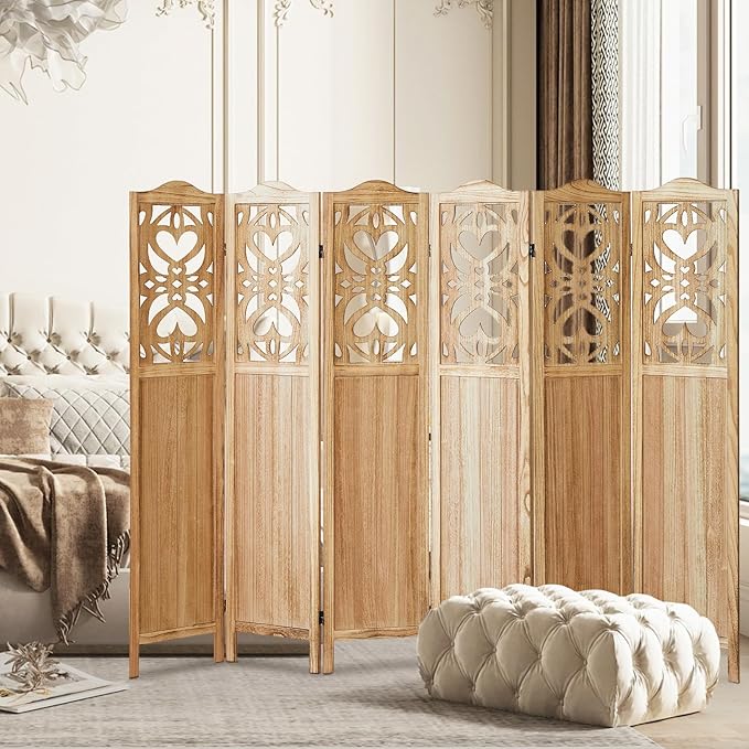 Wood Room Divider 6 Panel 5.6Ft Carved Room Divider and Folding Privacy Screen, Minimalism Portable Partition Screen Divider for Room Separation, Room Decoration for Home Office - Natural
