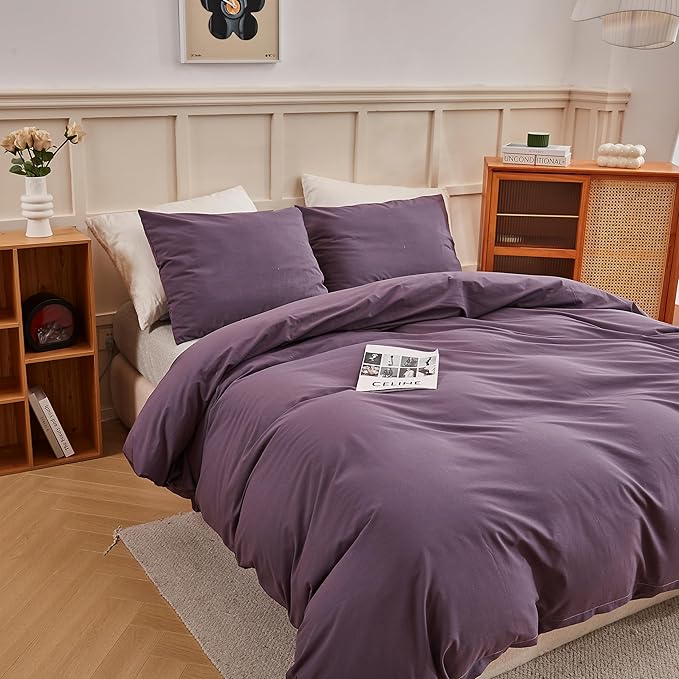 ECOCOTT Purple Duvet Cover Super Queen Size - 100% Washed Cotton Durable Soft Comfy Duvet Cover Set, 3 Pieces Duvet Cover with Zipper Closure (Purple, 98''x90'')