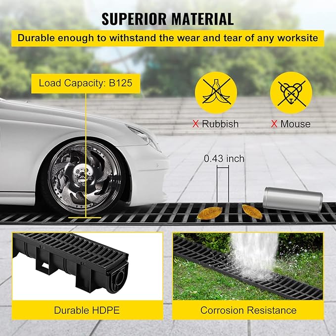 VEVOR Trench Drain System with Plastic Grate, 5.9x5.1-Inch HDPE Channel Drainage for Garden, Driveway - 6 Pack