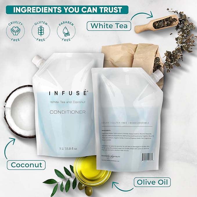 1 Liter Conditioner Refill Bag For Soap Dispensers | Bulk Toiletries for Vacation Rentals, and Home Bathroom Showers | White Tea and Coconut | Set of 12