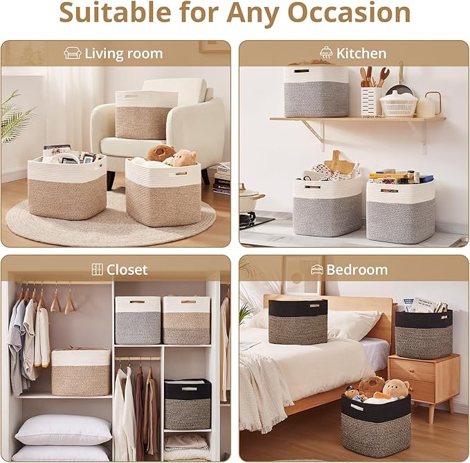 OIAHOMY 13 Kallax Inch Cube Storage Bins, 3-Pack Cotton Rope Woven Baskets for Organizing, Kallax Insert Storage Baskets for Shelves, Baby Nursery, Closet Organizer, 13*13*12.6IN, Black & Mixed Brown