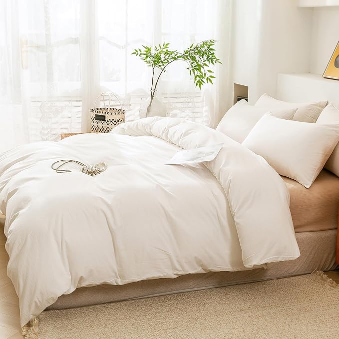 ECOCOTT 100% Washed Cotton Duvet Cover Oversized King Size – Soft & Breathable Linen Feel Bedding Set, 3 Pieces White Comforter Cover with Zipper Closure for All Seasons