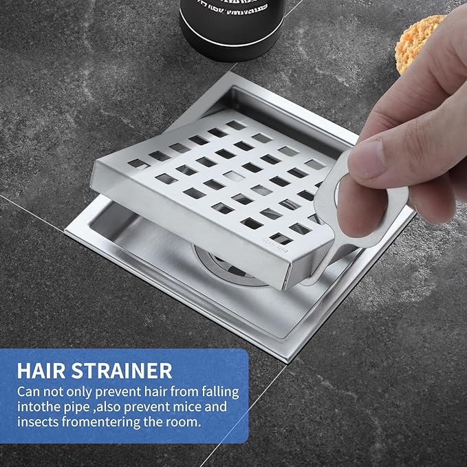 Square Shower Drain 4-Inch. with ABS Flange, Removable Grille,Bathroom Brushed Stainless Steel Shower Floor Drain