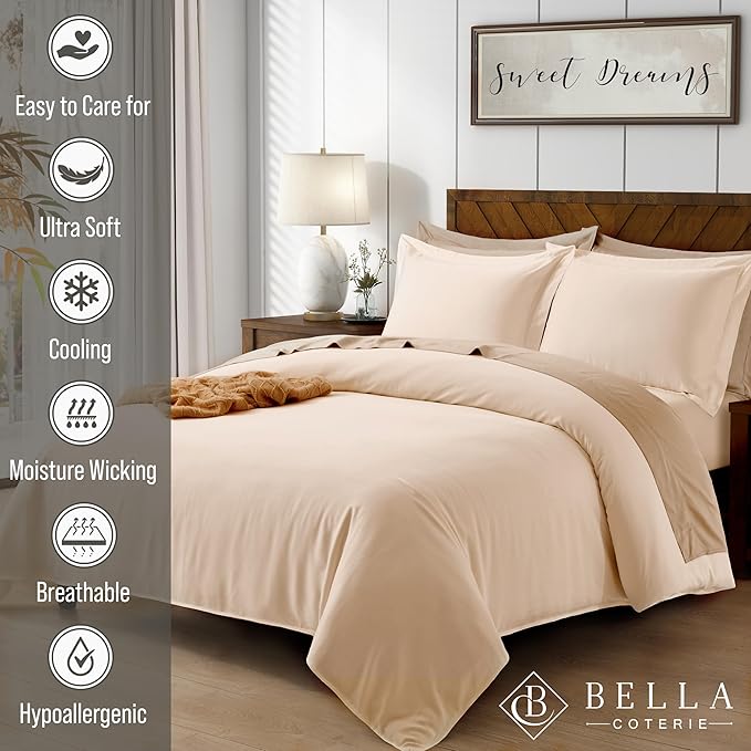 Bella Coterie Luxury Bamboo Viscose King Size Duvet Cover Set | 100% Organically Grown | Corner Ties | Ultra Soft | Cooling | Two Pillow Shams | 106 x 94 | No Insert [Champagne]