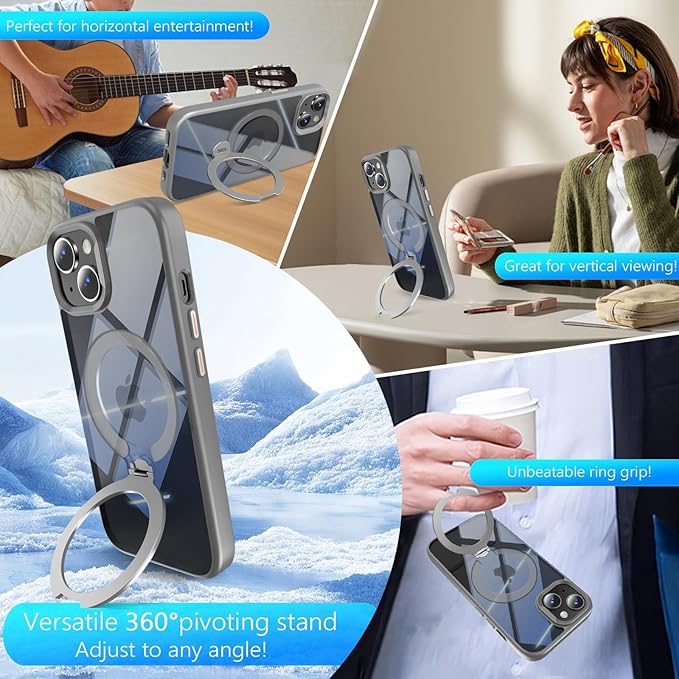 360° Spin Invisible Magnetic Stand for iPhone 14 Case [Military Grade Shockproof] [Compatible with MagSafe] Slim Translucent Matte Phone Case for iPhone 14 (6.1"), Gray