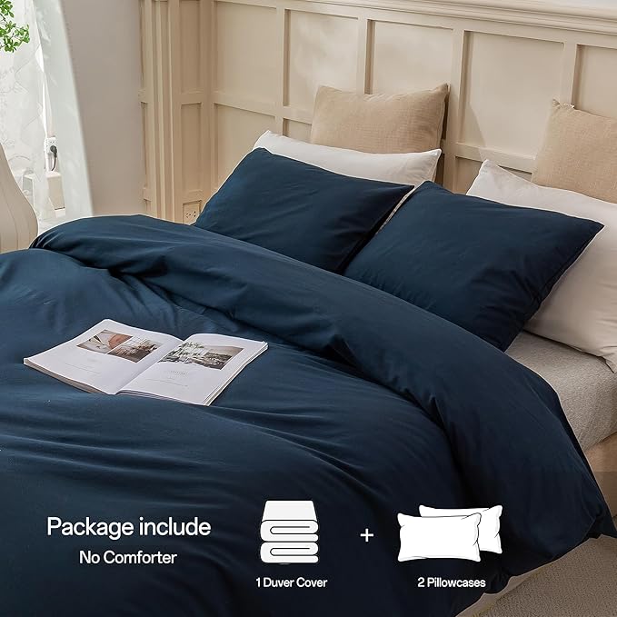 ECOCOTT Navy Blue Duvet Cover Full, 100% Washed Cotton 3 Piece Bedding Set 1 Comforter Cover with Zipper and 2 Pillowcases, Ultra Soft and Easy Care Breathable Duvet Cover