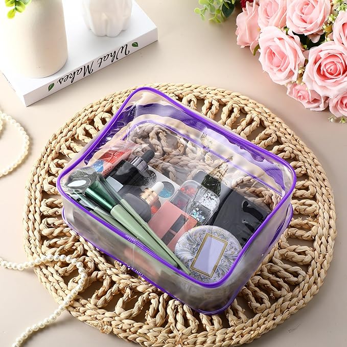 Weewooday 12 Pieces Clear Makeup Bags Cosmetic Storage Bags PVC Zipper Pouches Travel Waterproof Makeup Plastic Case for Women Organizing Toiletries Traveling Bathroom(Large,Purple)