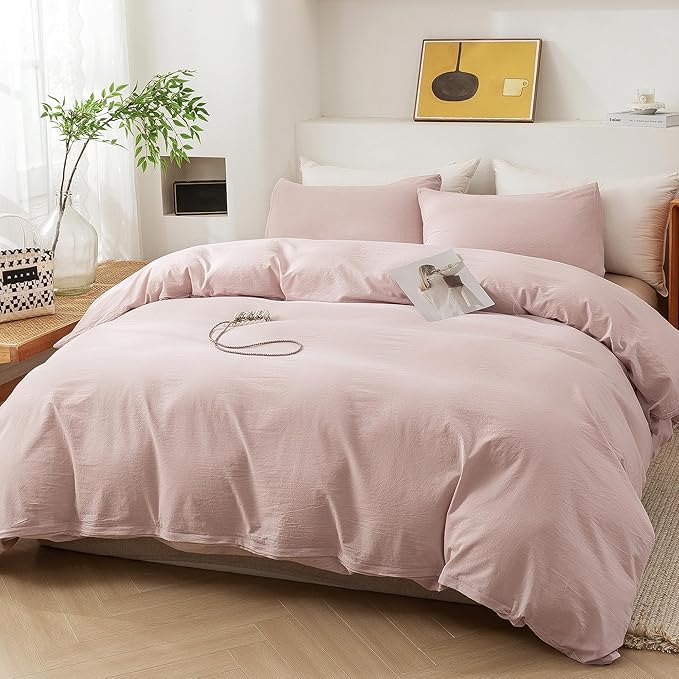 ECOCOTT Duvet Cover Set, 100% Washed Cotton Linen-Like Soft & Breathable, Durable Comfy Bedding Set for All Seasons (Greyish Pink, California King)