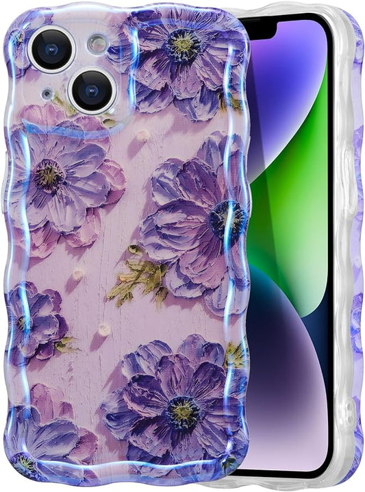 EYZUTAK Case for iPhone 14 Plus/iPhone 15 Plus, Colorful Retro Oil Painting Flower Laser Glossy Cute Curly Wave Edge Exquisite Phone Cover Stylish Durable TPU Protective Case for Girl Women - Purple