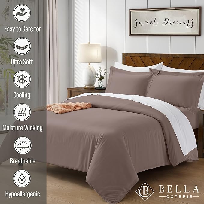 Bella Coterie Luxury Bamboo Viscose California King Size Duvet Cover Set | 100% Organically Grown | Corner Ties | Ultra Soft | Cooling | Two Pillow Shams | 106 x 94 | No Insert [Mocha]