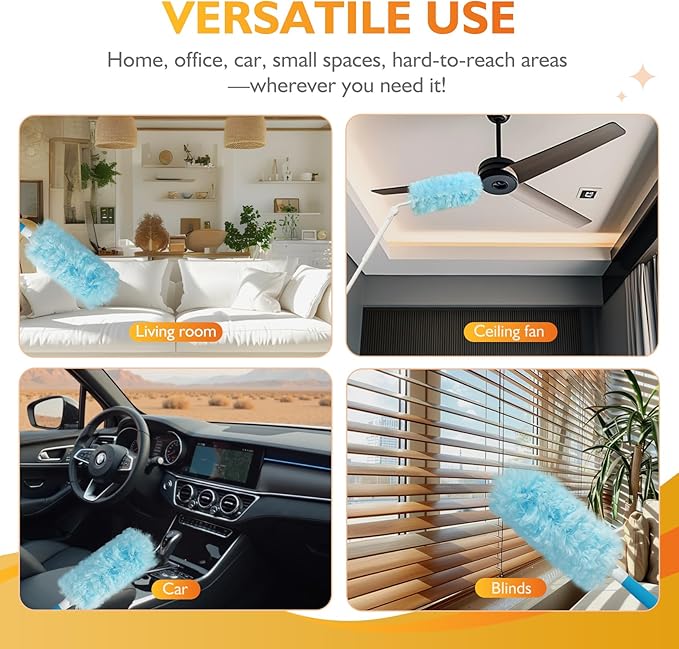 Thickened 60ct 360° Heavy Duty Duster Refills Kit for Swiffer Duster, 4X Dust Capture Power, Multisurface Disposable Dusters for Cleaning Home & Office, 1 3ft Extended & 1 Short Handle