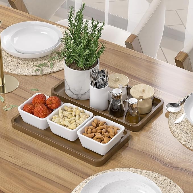 Weenson Bathroom Vanity Tray for Countertop Makeup Jewelry Perfume Decor Candle, Bamboo Kitchen Tray for Soap Dispenser Spice Salt Oil, Brwon Tray for Toilet Tank Coffee Nightstand Set of 2