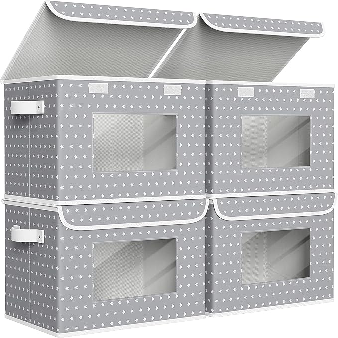 Univivi Fabric Foldable Storage Boxes [4-Pack] Large Collapsible Stackable Storage Bins with Lids, Closet Organizers and Storage Cube Basket for Home, Office, Bedroom (Gray Star, 17”x 12” x 12”)