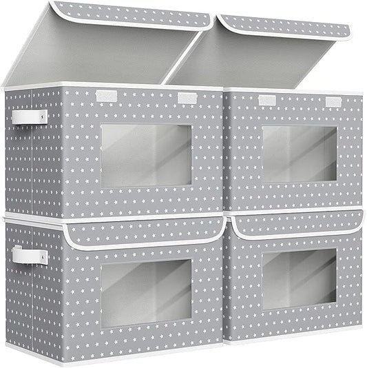 Univivi Fabric Foldable Storage Boxes [4-Pack] Large Collapsible Stackable Storage Bins with Lids, Closet Organizers and Storage Cube Basket for Home, Office, Bedroom (Gray Star, 17”x 12” x 12”)