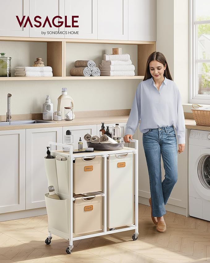 VASAGLE Laundry Hamper with 3 Compartments, 26.4 Gal. (100 L) Laundry Sorter, Rolling Laundry Cart with Shelves, Small Side Pockets, 6 Labels, Natural Beige, Camel Brown and Cream White UBLH202N01