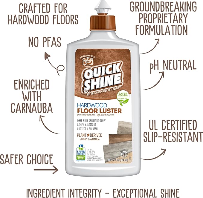 Quick Shine Ultimate Gold Clean + Polish Mop Kit | All-in-One 10 Pc Kit w/Interchangeable Attachments | Floor Polish Included | No Batteries Needed | Pro Cleaning for Hardwood Floors | 2-in-1 Mop